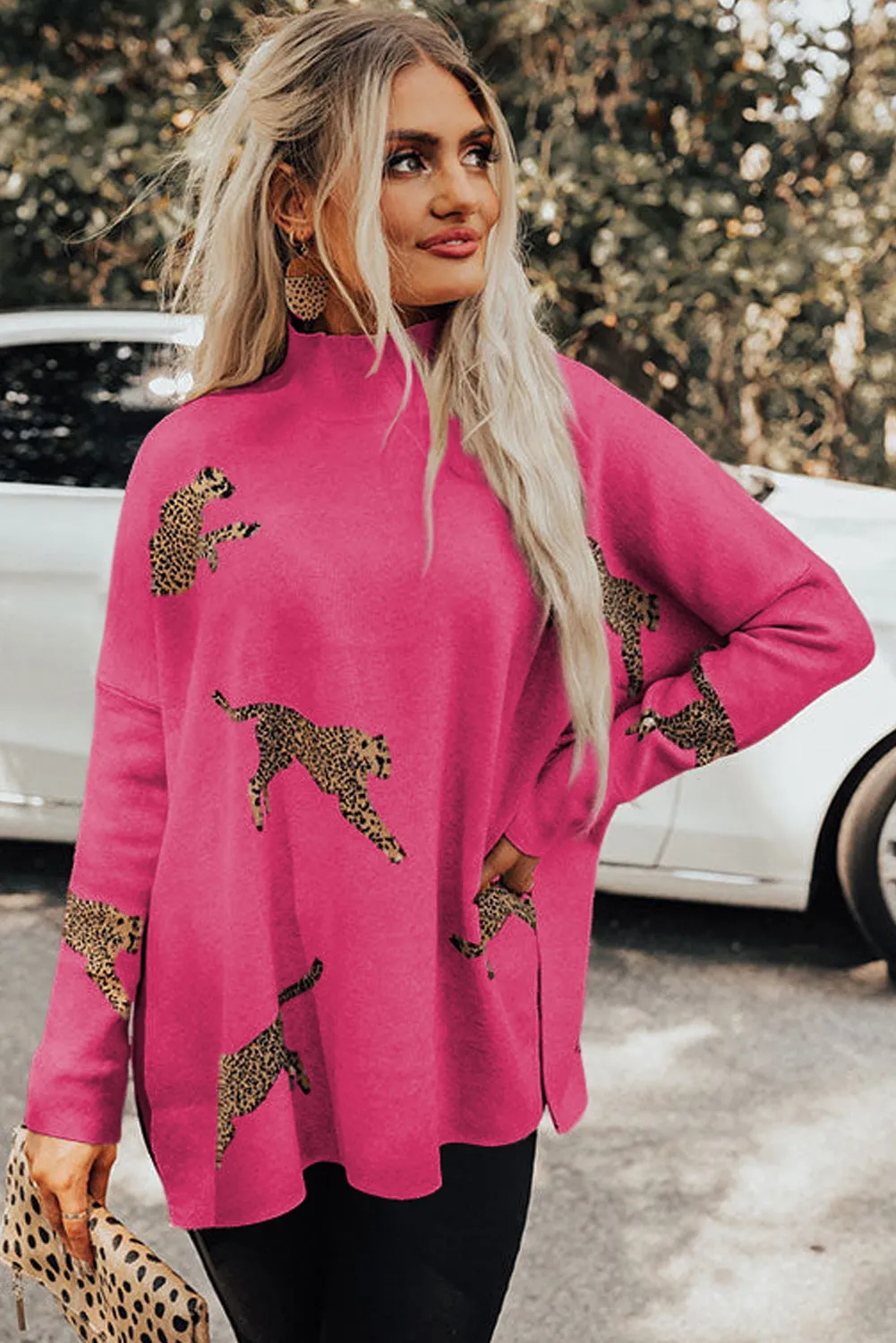 Rose Fiery Red Lively Cheetah Print High Neck Split Hem Sweater