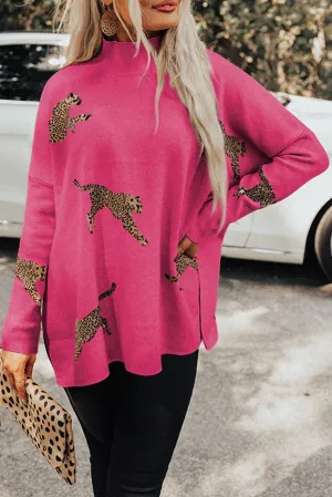 Rose Fiery Red Lively Cheetah Print High Neck Split Hem Sweater