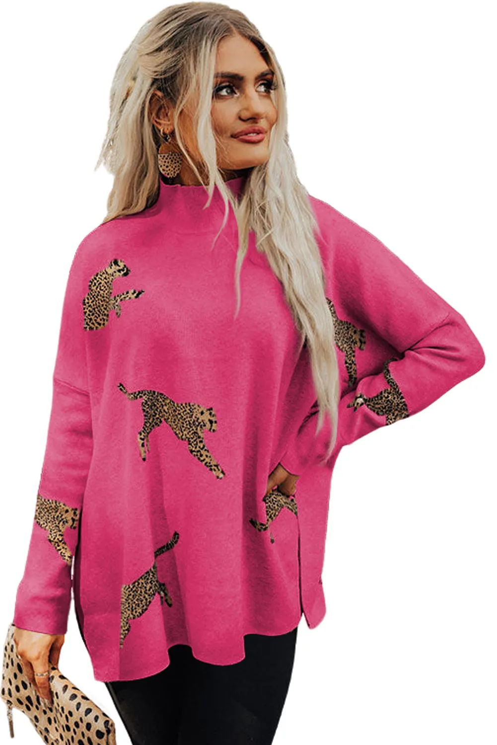 Rose Fiery Red Lively Cheetah Print High Neck Split Hem Sweater