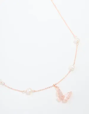 Rose Gold Plated Cubic Zirconia Pearl Butterfly Necklace