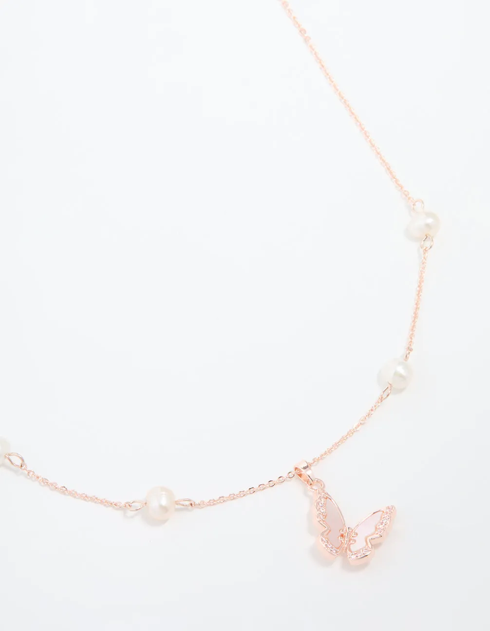 Rose Gold Plated Cubic Zirconia Pearl Butterfly Necklace