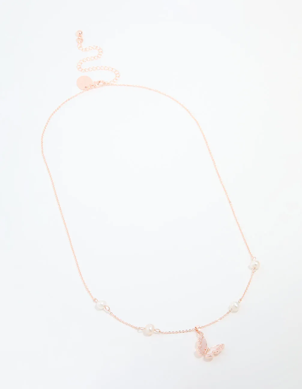 Rose Gold Plated Cubic Zirconia Pearl Butterfly Necklace