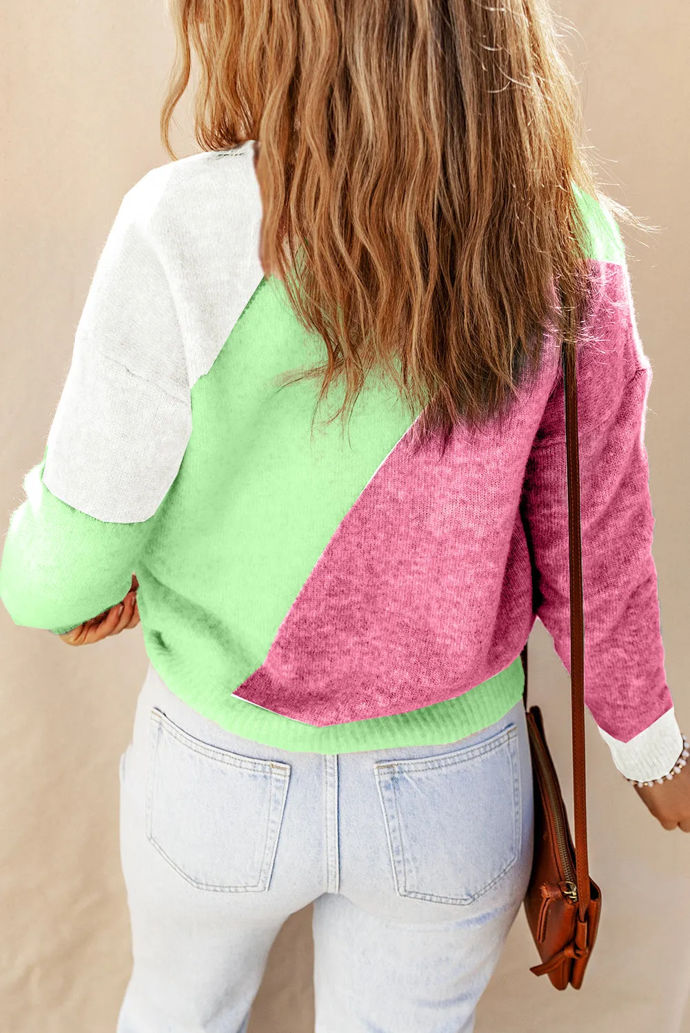 Rose Multicolor Colorblock Ribbed Trim Round Neck Sweater