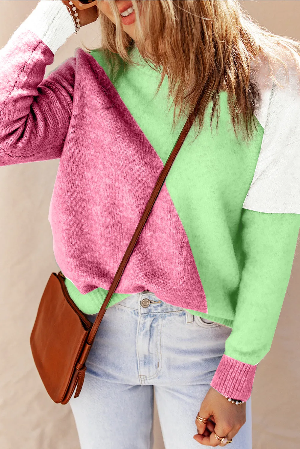Rose Multicolor Colorblock Ribbed Trim Round Neck Sweater