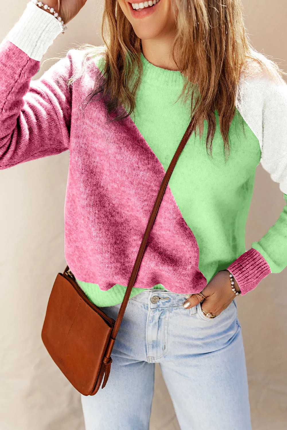 Rose Multicolor Colorblock Ribbed Trim Round Neck Sweater