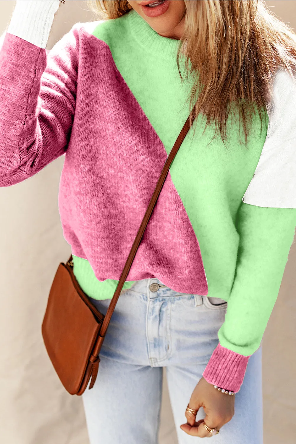 Rose Multicolor Colorblock Ribbed Trim Round Neck Sweater
