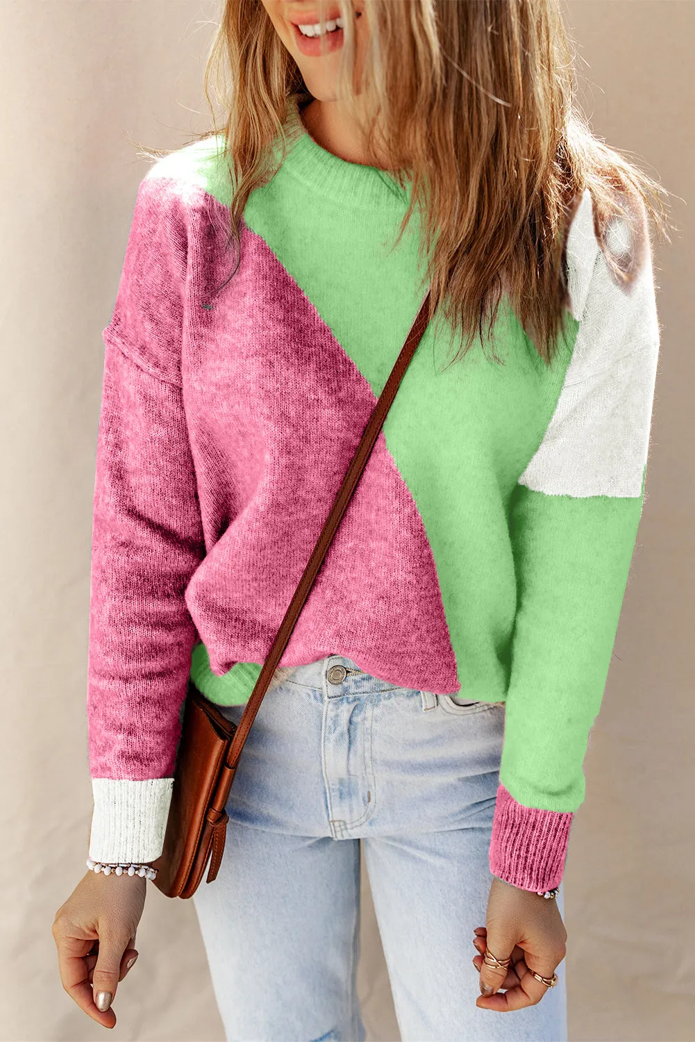Rose Multicolor Colorblock Ribbed Trim Round Neck Sweater
