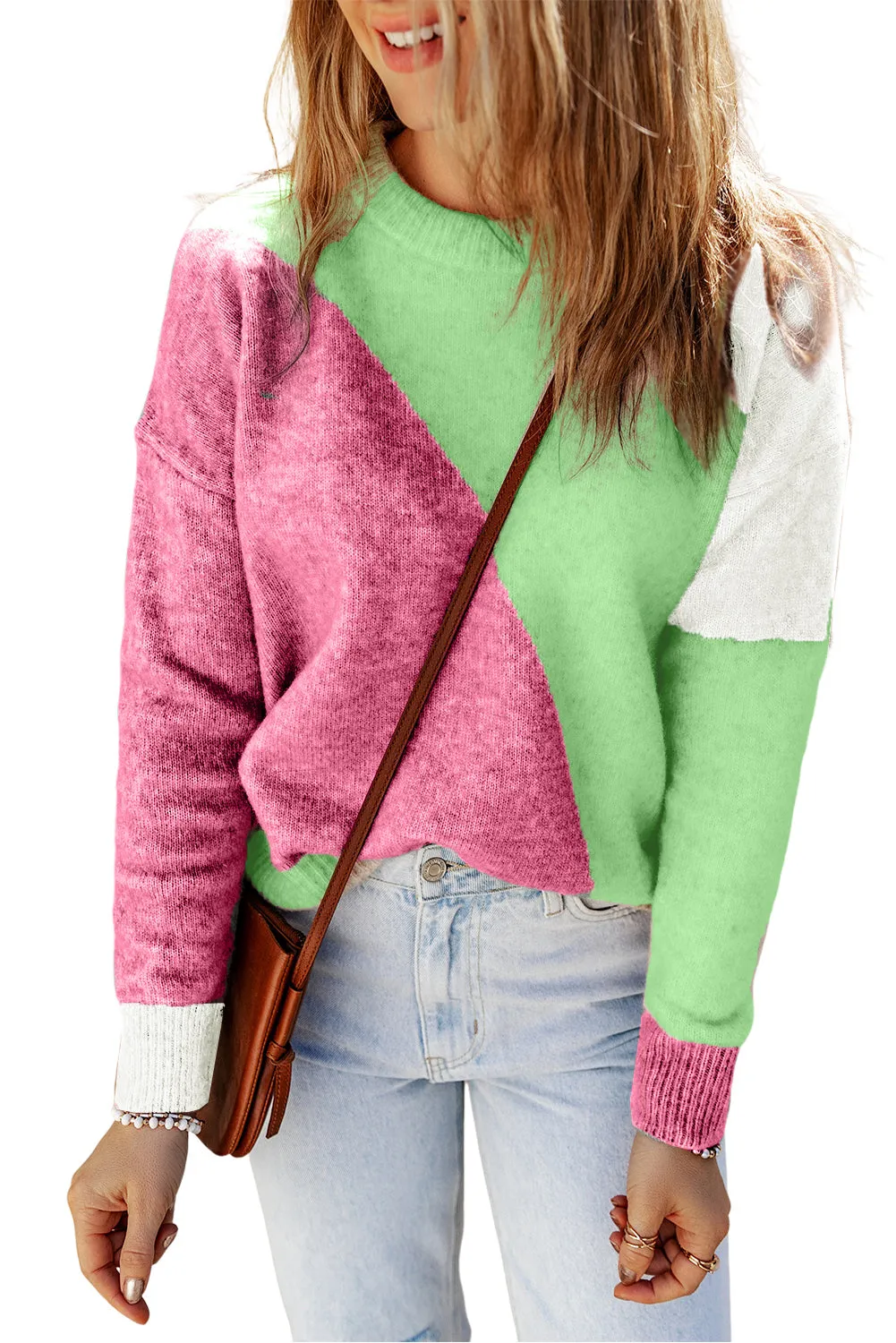 Rose Multicolor Colorblock Ribbed Trim Round Neck Sweater