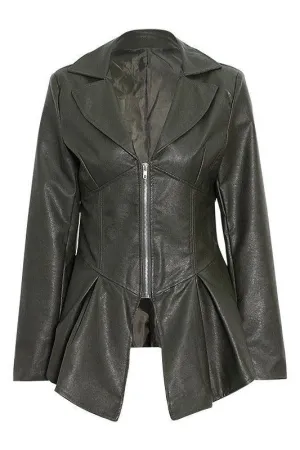 Ruffle trim motorcycle PU leather jacket