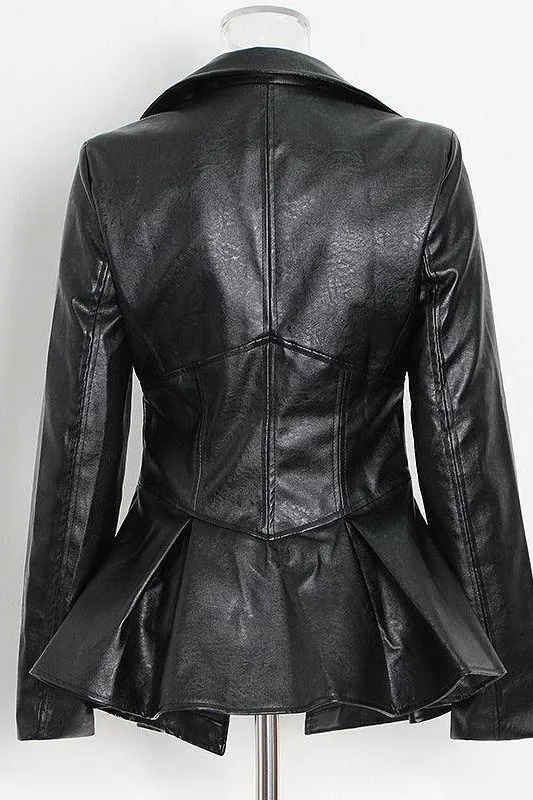 Ruffle trim motorcycle PU leather jacket