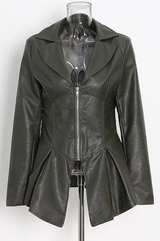 Ruffle trim motorcycle PU leather jacket