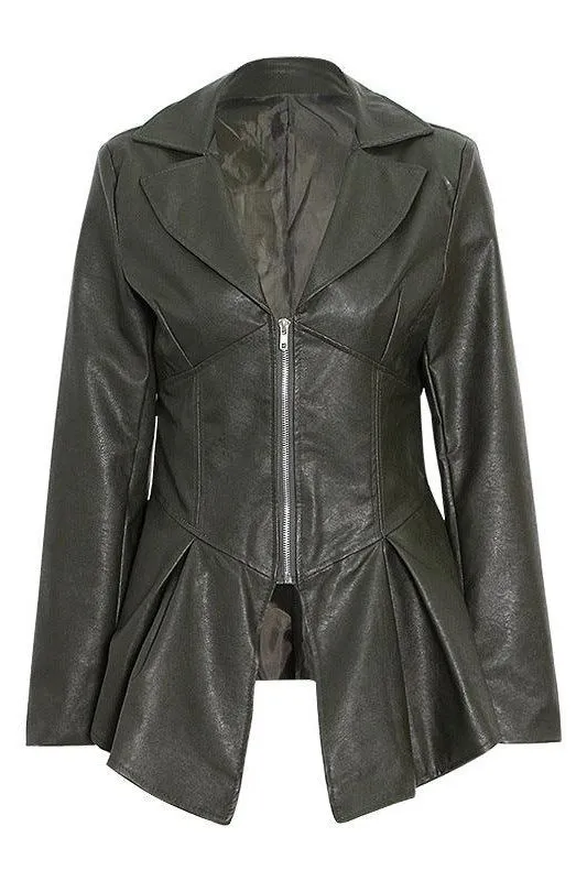 Ruffle trim motorcycle PU leather jacket