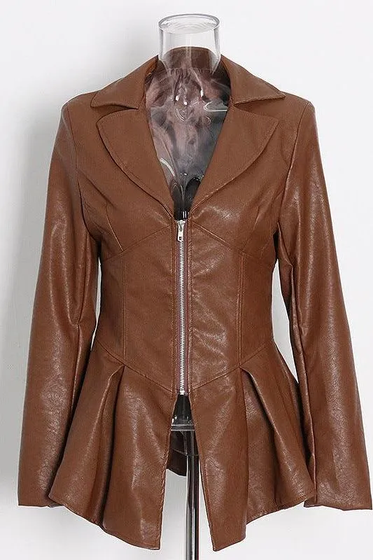 Ruffle trim motorcycle PU leather jacket
