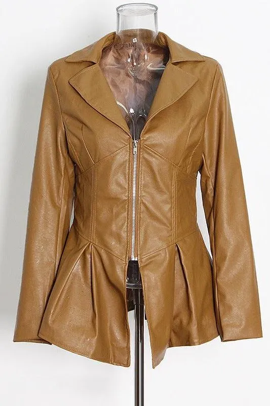 Ruffle trim motorcycle PU leather jacket