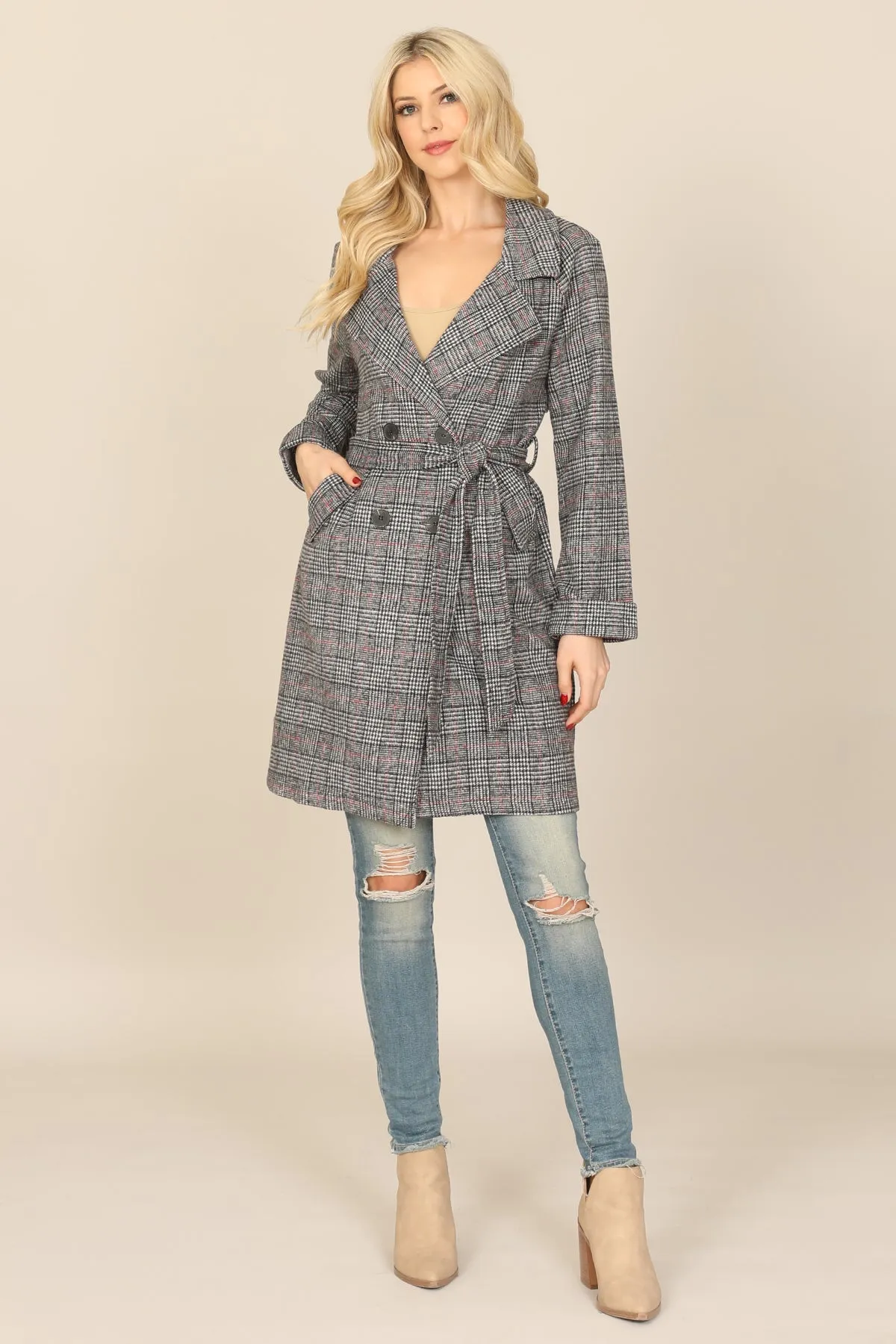 SEAMLESS PLAID WAIST TIE WRAP COAT JACKET