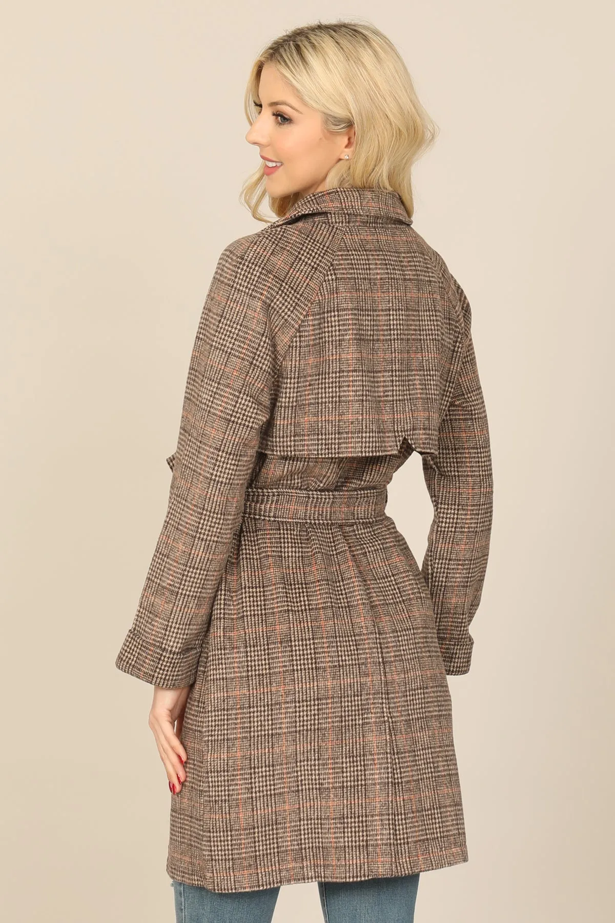 SEAMLESS PLAID WAIST TIE WRAP COAT JACKET