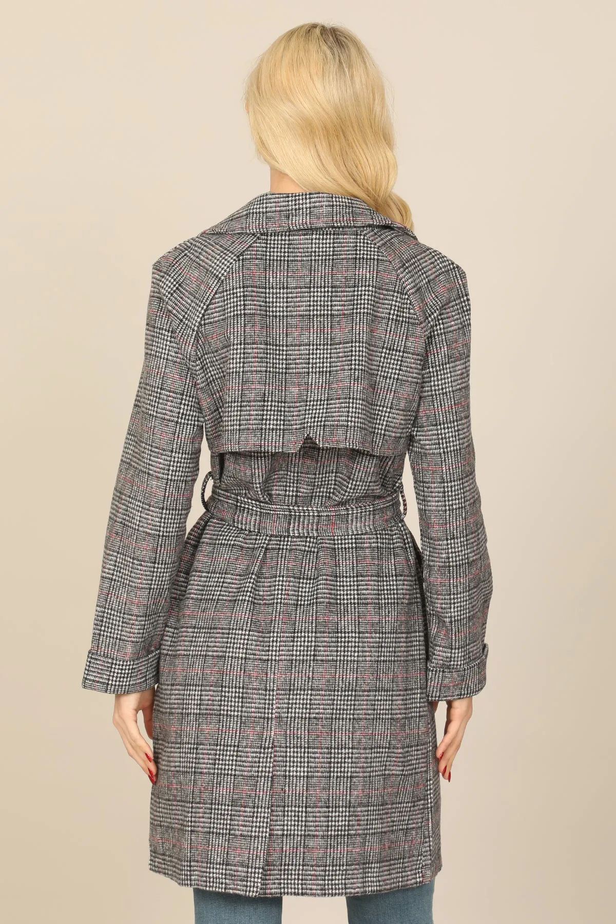 SEAMLESS PLAID WAIST TIE WRAP COAT JACKET