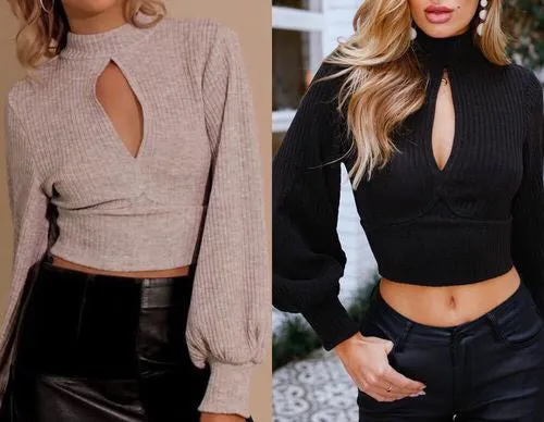 Sexy Long-sleeved Halter Half-necked Solid Color Top