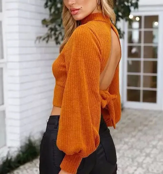 Sexy Long-sleeved Halter Half-necked Solid Color Top