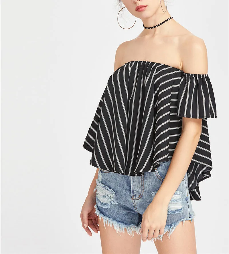 Sexy Word Collar Drop Female Summer Striped Blouses