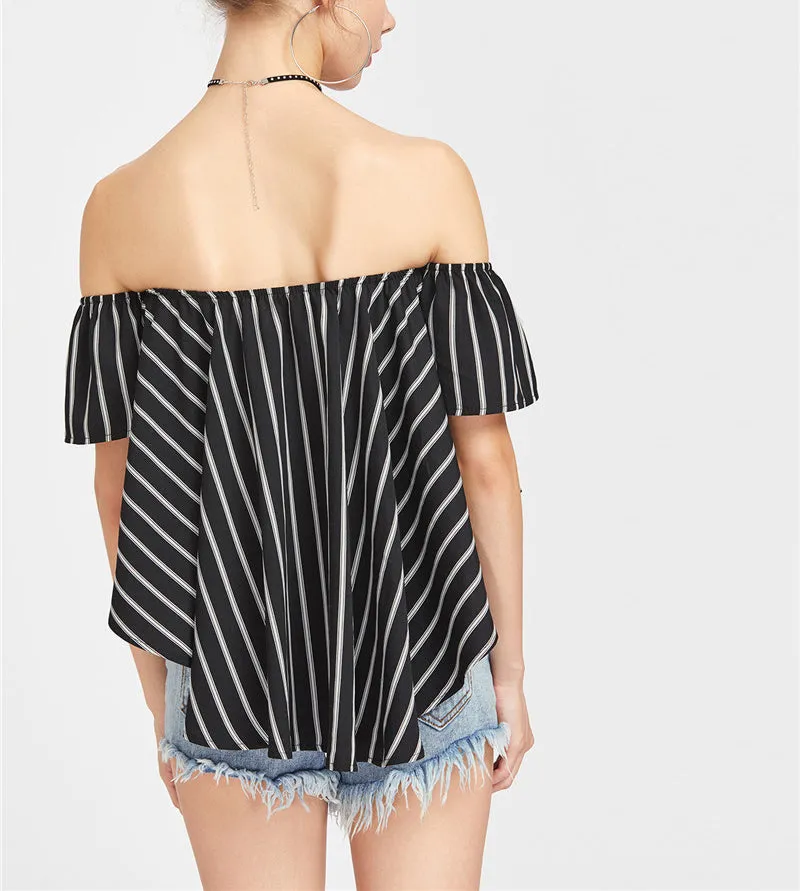 Sexy Word Collar Drop Female Summer Striped Blouses