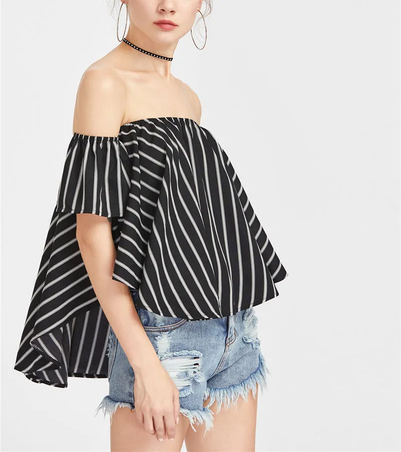 Sexy Word Collar Drop Female Summer Striped Blouses