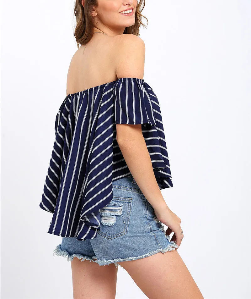 Sexy Word Collar Drop Female Summer Striped Blouses