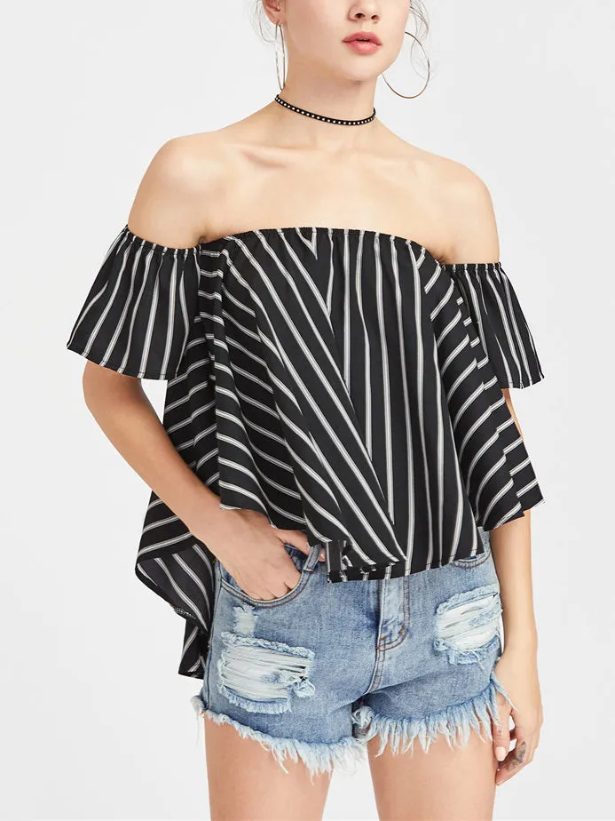 Sexy Word Collar Drop Female Summer Striped Blouses