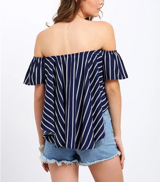 Sexy Word Collar Drop Female Summer Striped Blouses