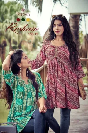 Shreen Resham Vol 5 Rayon Foil Prints Trendy Western Daily Wear Tunics