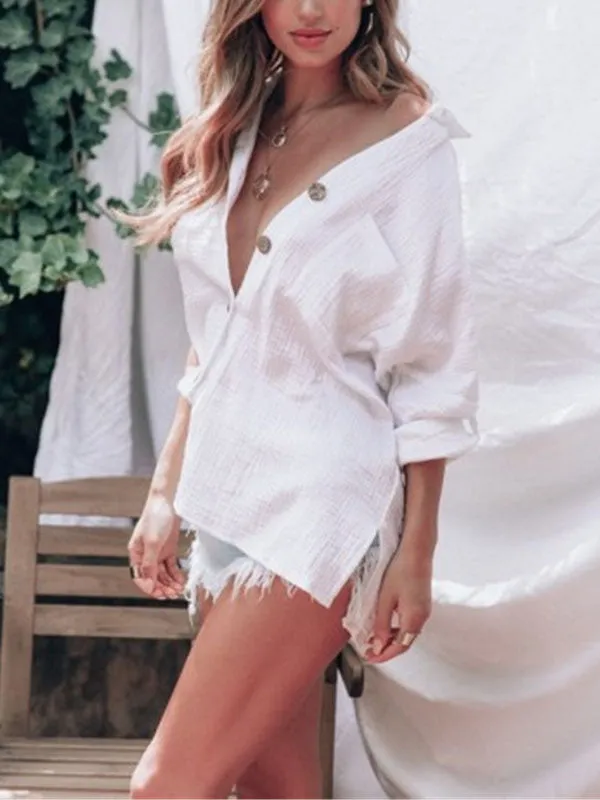 Single-breasted Lapels Loose Casual White Shirt Women