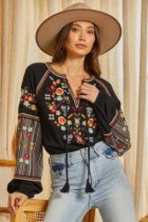 SJ Embroidered Tunic Top with Striped Balloon Sleeves