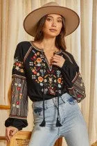 SJ Embroidered Tunic Top with Striped Balloon Sleeves