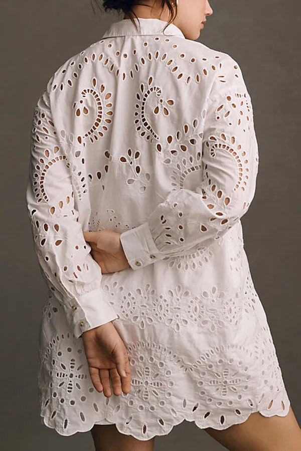 Solid Color Hollow Embroidery Casual Long Sleeve Loose Shirt