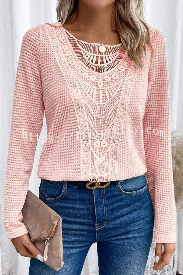 Solid Color Patchwork Round Neck Elegant Long Sleeve Loose Top