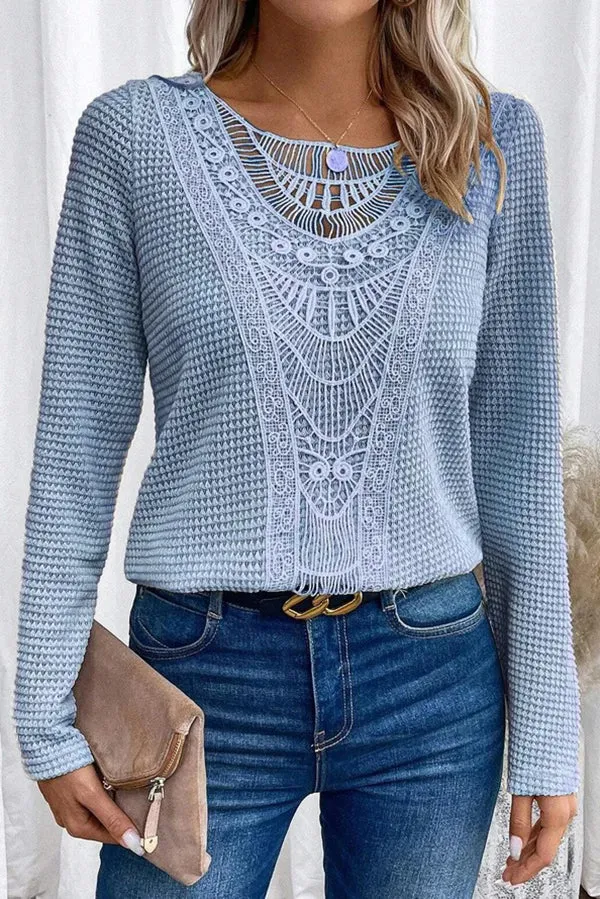 Solid Color Patchwork Round Neck Elegant Long Sleeve Loose Top