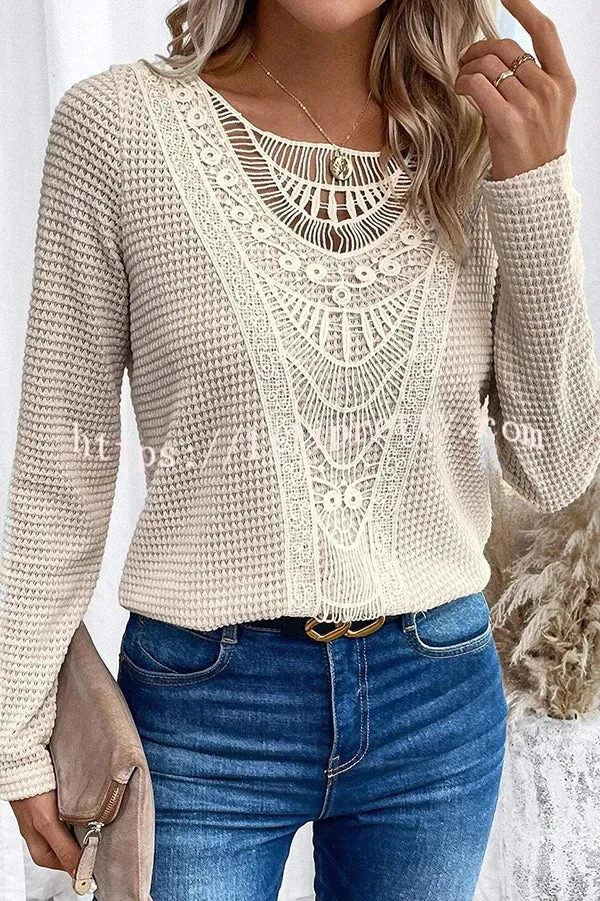 Solid Color Patchwork Round Neck Elegant Long Sleeve Loose Top