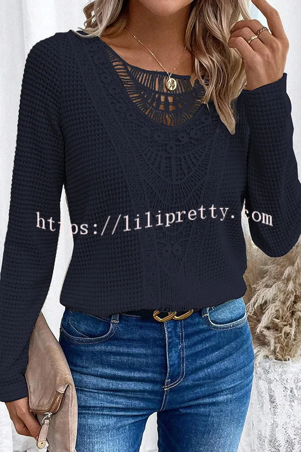 Solid Color Patchwork Round Neck Elegant Long Sleeve Loose Top