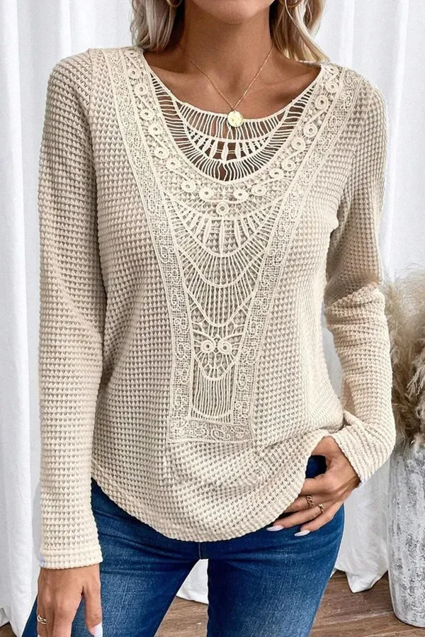 Solid Color Patchwork Round Neck Elegant Long Sleeve Loose Top