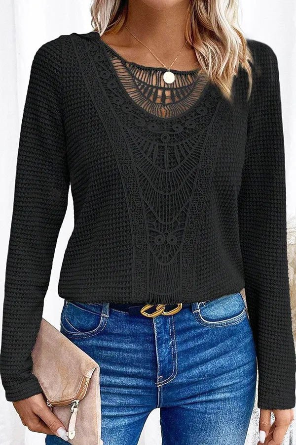 Solid Color Patchwork Round Neck Elegant Long Sleeve Loose Top