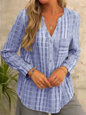 Spring Casual Vertical Stripe V Neck Long Sleeve Loose Female Shirts