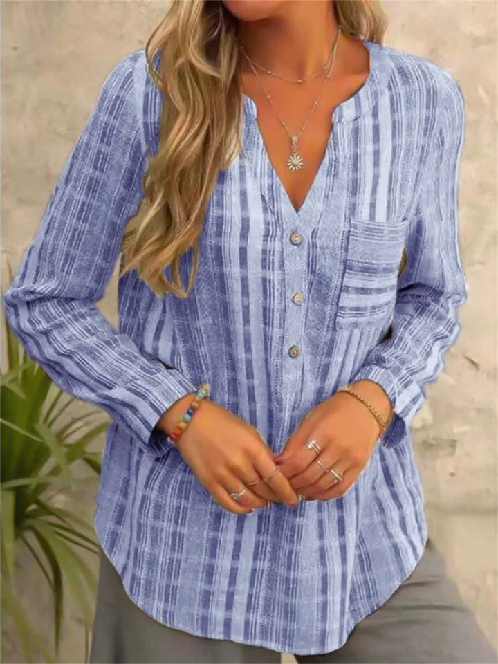 Spring Casual Vertical Stripe V Neck Long Sleeve Loose Female Shirts