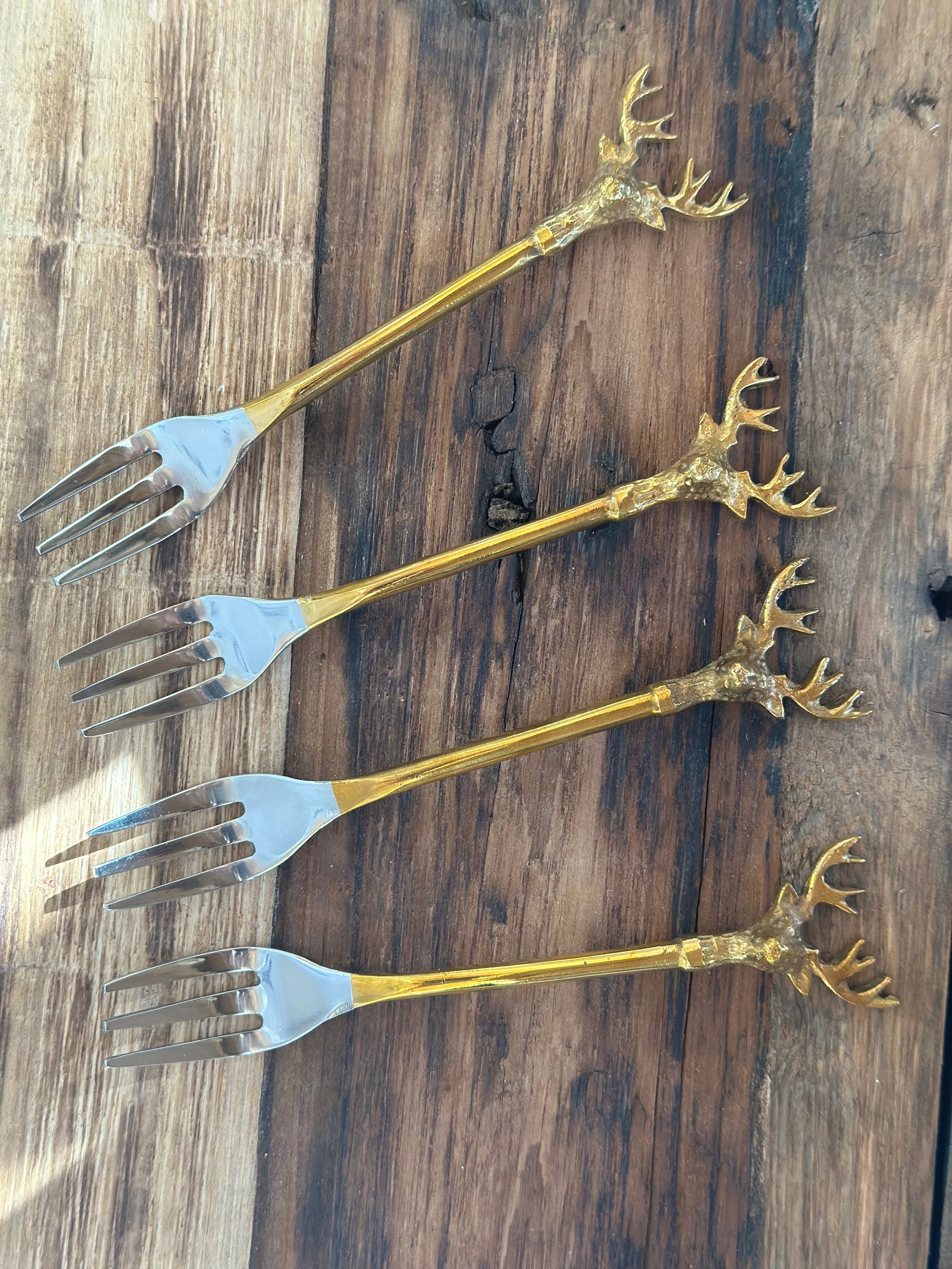 Stainless Steel and brass forks, set of 4 with reindeer tops