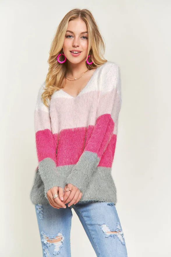 Striped Color Block Fuzzy V Neck Sweater