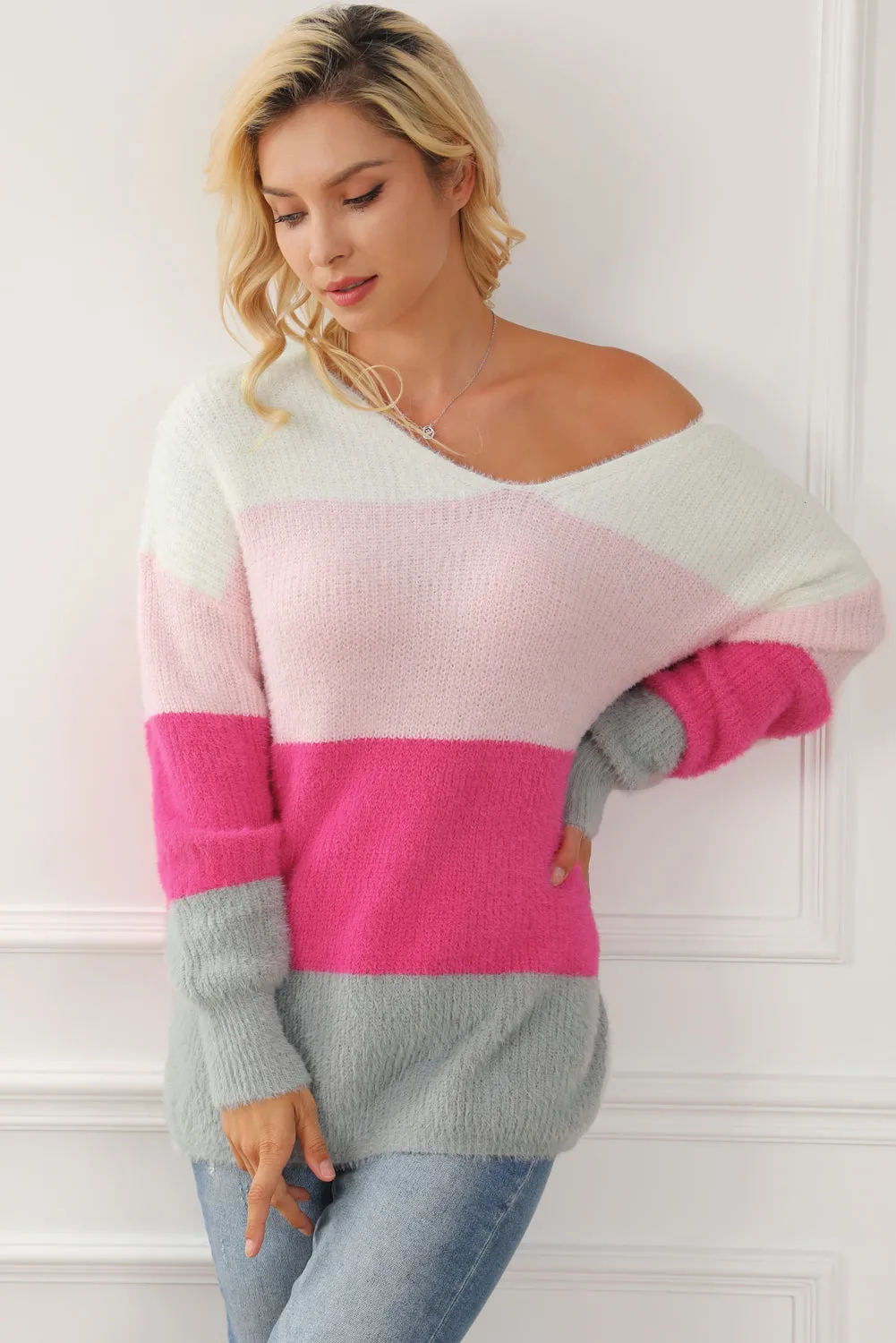 Striped Color Block Fuzzy V Neck Sweater
