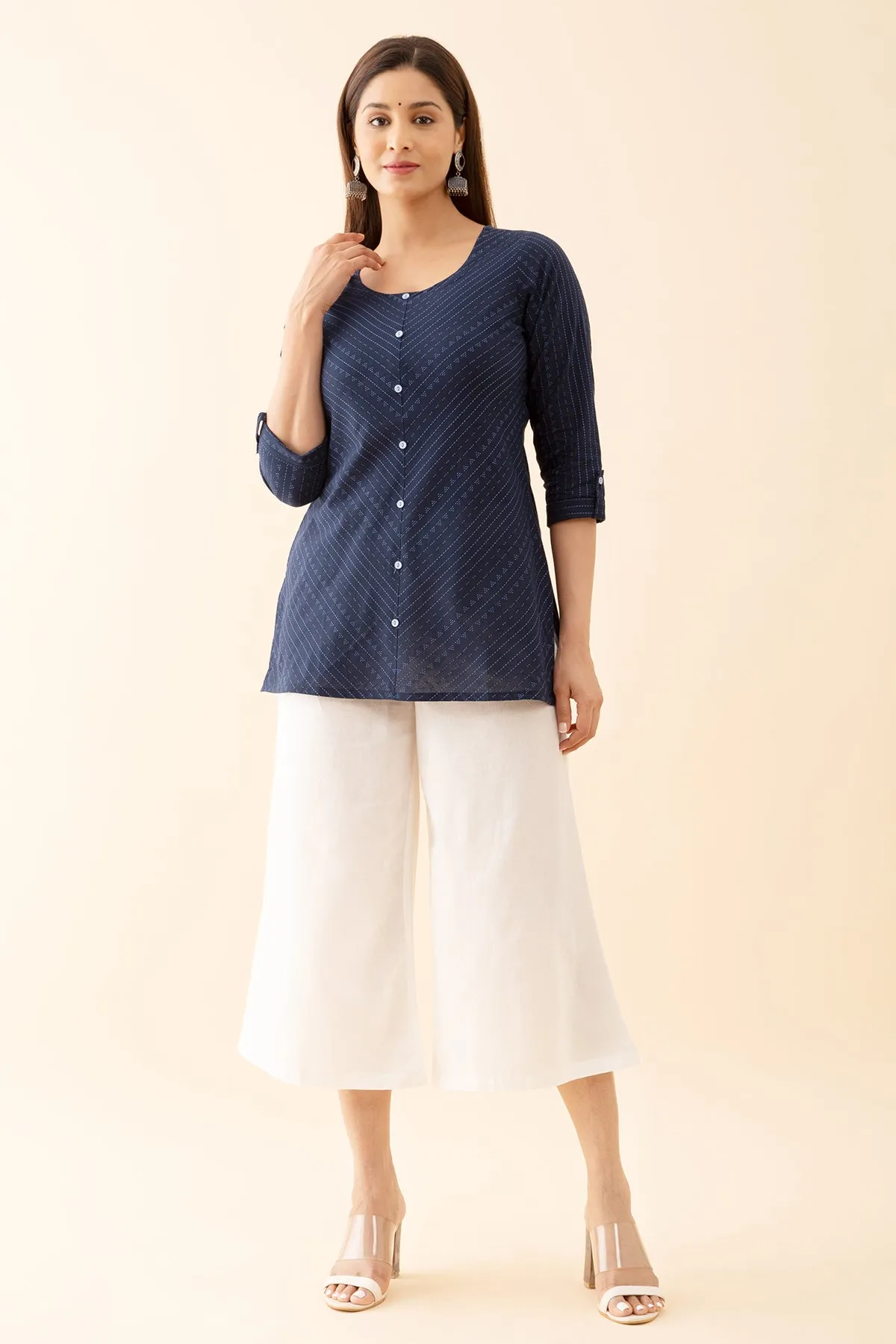 Striped Monochromatic Dobby Weave Tunic Blue