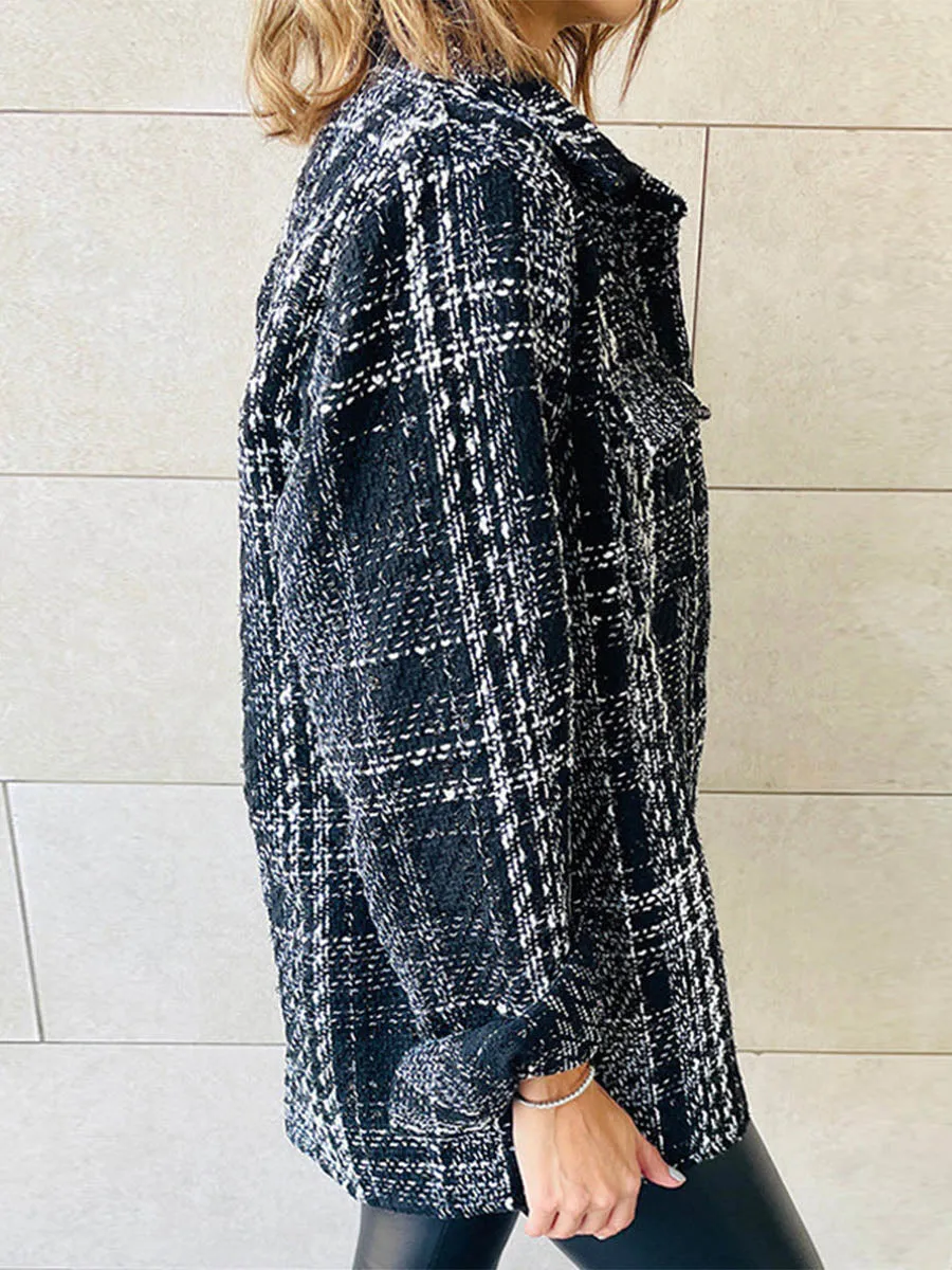 Stunncal Elegant Plaid Buttons Turndown Collar Outerwear