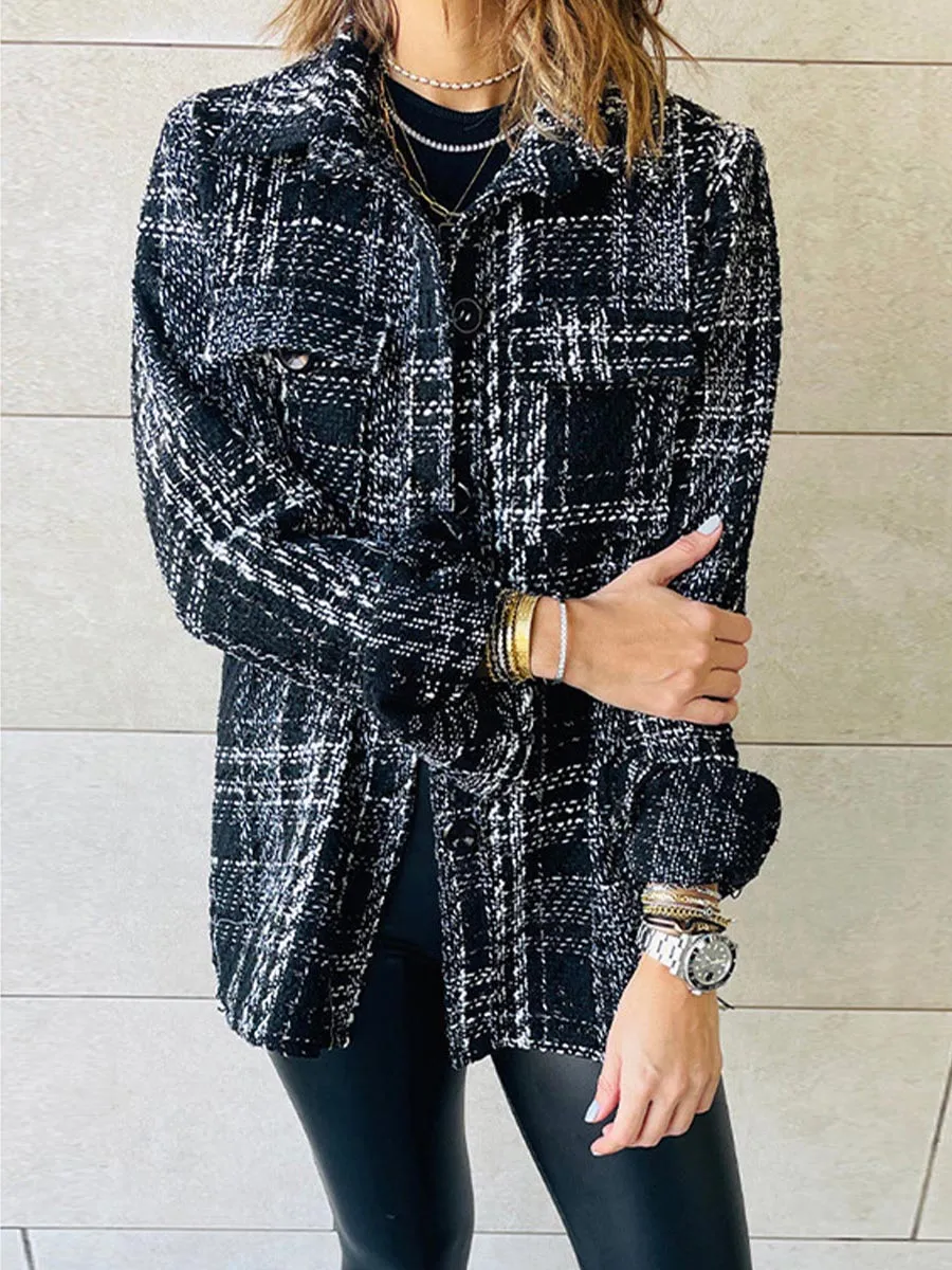 Stunncal Elegant Plaid Buttons Turndown Collar Outerwear