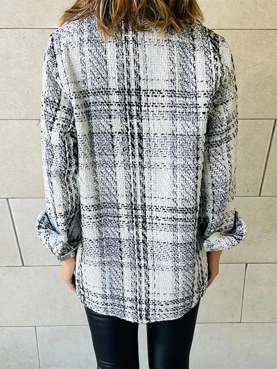 Stunncal Elegant Plaid Buttons Turndown Collar Outerwear