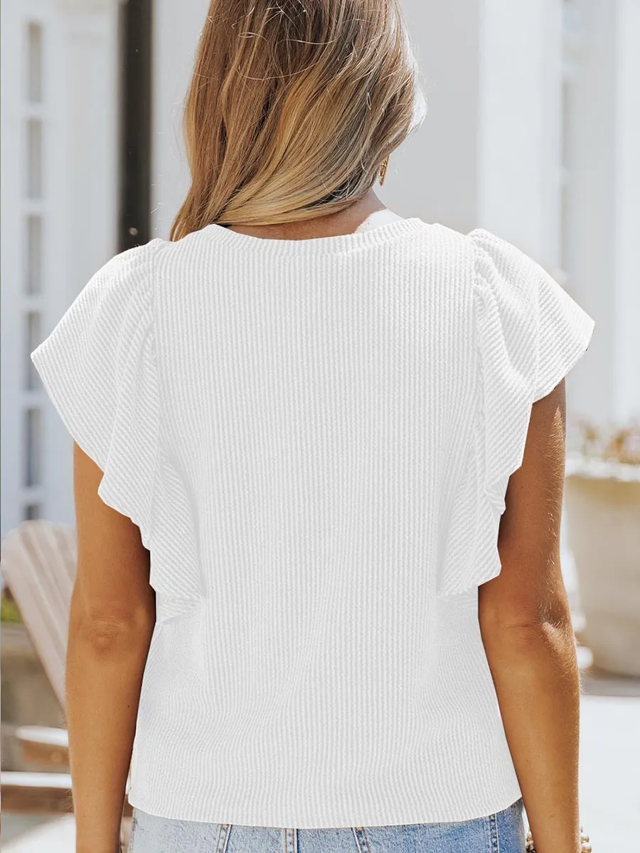 Stunncal Round Neck Ruffle Knit Casual T-shirt